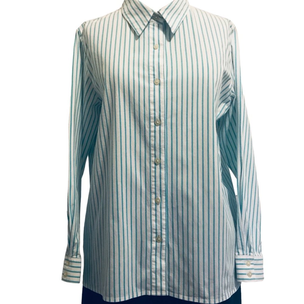Denim & Co. Striped Shirt Cotton L Blue White Button Down Long Sleeves EUC
